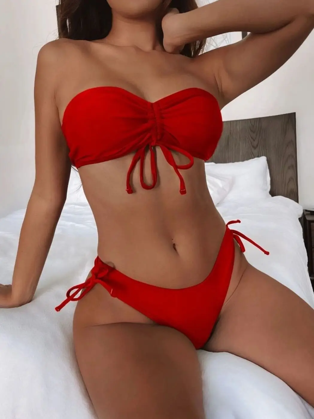 

2022 Plain Drawstring Bandeau Swimsuit Women Red Bikini Brazilian Swimwear Female Padded Bathing Suit Swimming Beachwear Summer