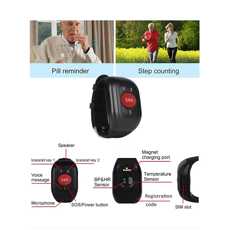 ผู้สูงอายุ 4G SOS นาฬิกา GPS ติดตามสายรัดข้อมือสร้อยข้อมือฉุกเฉิน GPS ติดตาม Heart Rate เครื่องวัดความดันโลหิต-B A002