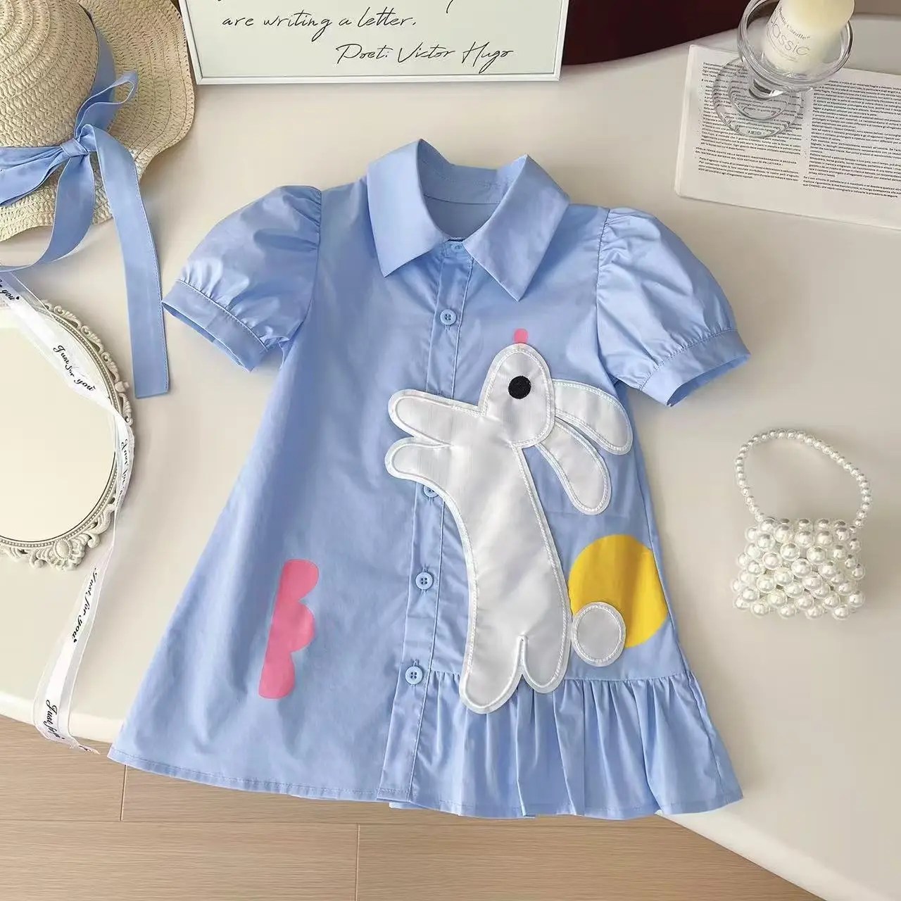 

Summer New Korean Version Cute Blue Cartoon Rabbit Print Single Breasted Bubble Sleeve Dress Girls' Casual Clothes 90-140cm