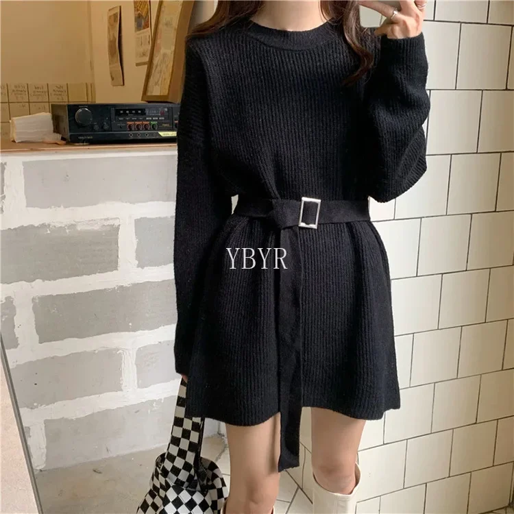 Female Tie Waist Thin Long Sleeves Sweater Dress Female Autumn Winter Korean Simple Long Section Warm Pullover Knitted Sweaters