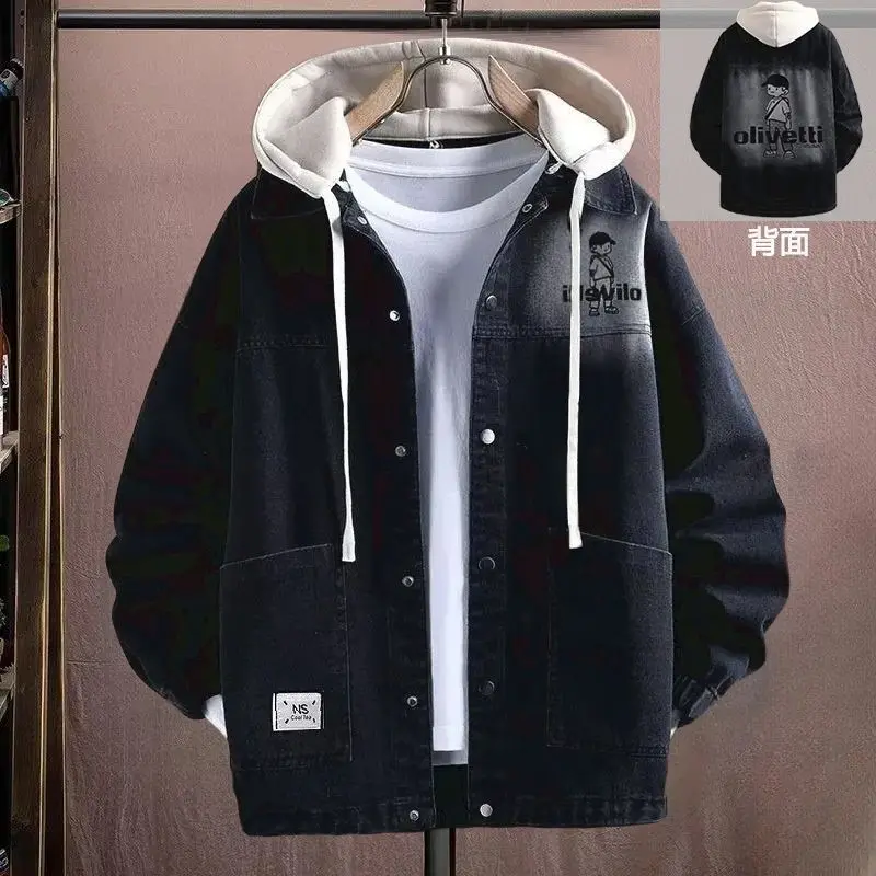 

Высококачественная джинсовая куртка 2025 года, подростковая весна и осень, новая черная мешковатая уличная одежда, роскошная брендовая свободная куртка с капюшоном, мужская верхняя куртка