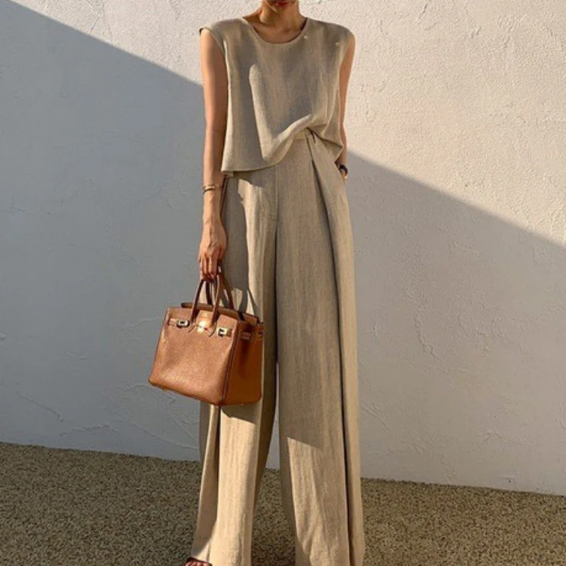 Cotton Linen Suit For Women Sleeveless O-Neck Tank Top Wide Leg Pants Two Piece Sets Casual Office Ladies Loose Summer Outfits