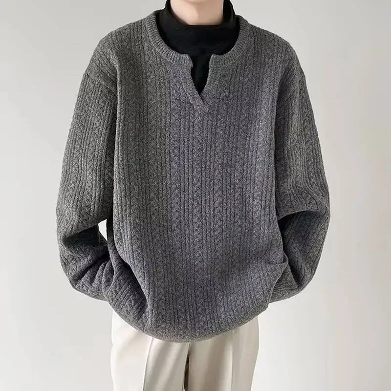 

Мужские вязаные однотонные повседневные свитера, осенний модный вязаный крючком свитер, мужские винтажные джемперы с длинным рукавом и v-образным вырезом, топы