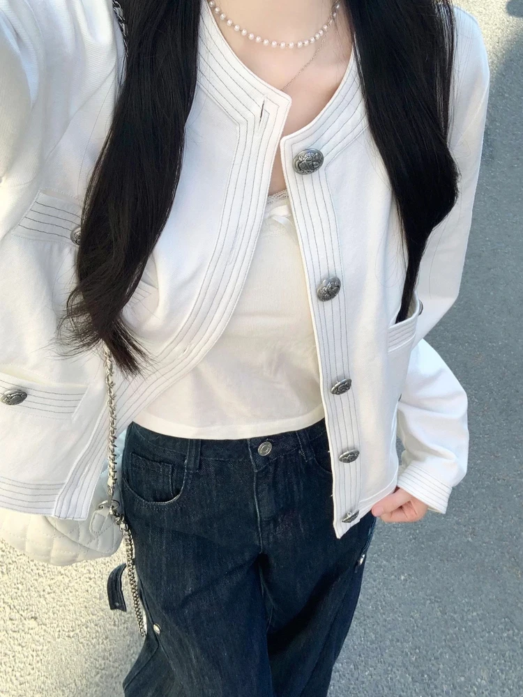 

Faionable White Stand Collar ort Jaet Women's Autumn High-End Sensation Lady's ort Open Cardigan Coat Sophistied C...