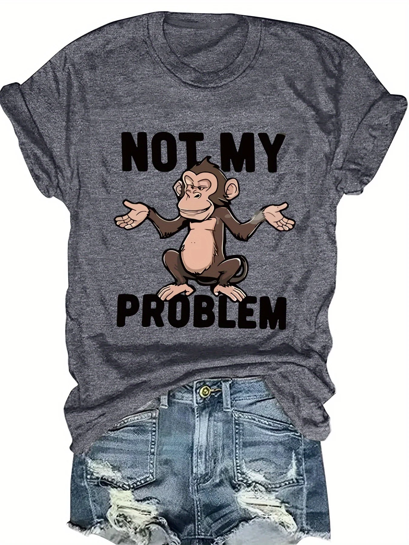 Camiseta de Moda con Estampado de Letras y Animales, Cuello Redondo, Manga Corta para Mujer, Camiseta Gráfica Informal y Elegante