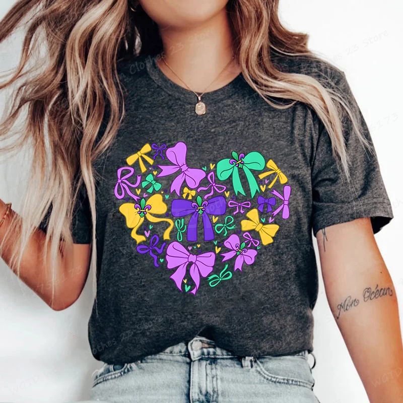 Mardi Gras Heart Bow Print T-shirts For Women Summer New Fashion Hot Selling Tees Casual Short Sleeve Crew Neck Ladies Tee Shirt