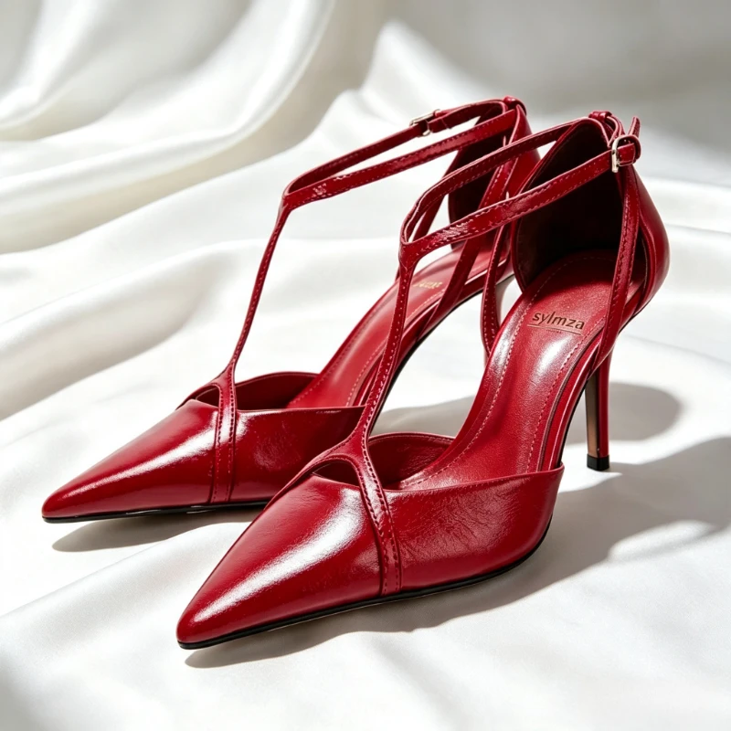 Elegant Red Patent Leather Heels Women Sexy Pointed Toe Ankle Strap Buckle Designer Shoes Fashion T Strap Banquet Dress Shoes