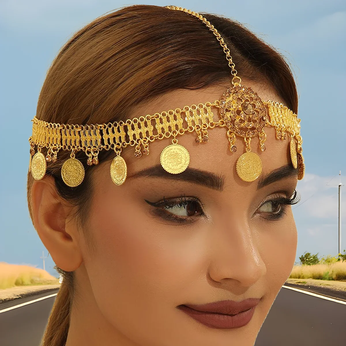 Indian Head Chain Jewelry Gold Color Alloy Rhinestone Flower Coin Tassel Bridal Headdress Wedding Accessories