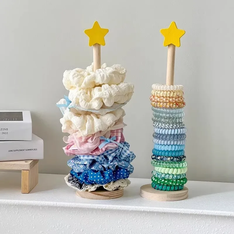 Wooden Star Hair Scrunchie Organizer Desktop Hair Claw Hair Rope Display Holder Kids Hair Accessories Storage Stand Room Decor