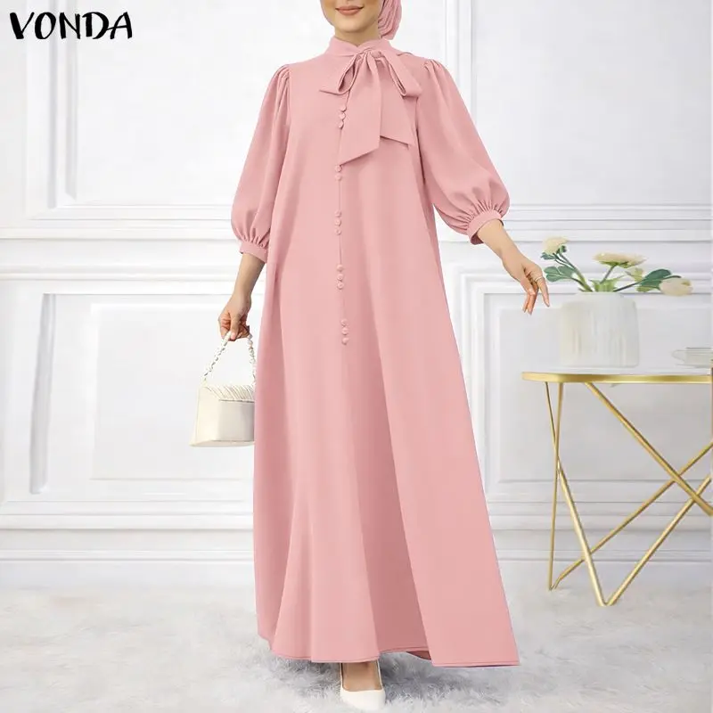 

Женские платья больших размеров VONDA с рукавом 3/4 и бантом, весенне-летнее повседневное длинное платье макси, уличная одежда, офисный стиль (OL)