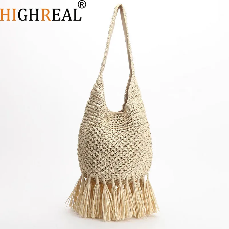 

New Tassel Fringe Paper Rope Straw Woven Fashion Single Shoulder Pineapple Beach Bag Woven Bag Casual Women's Bag