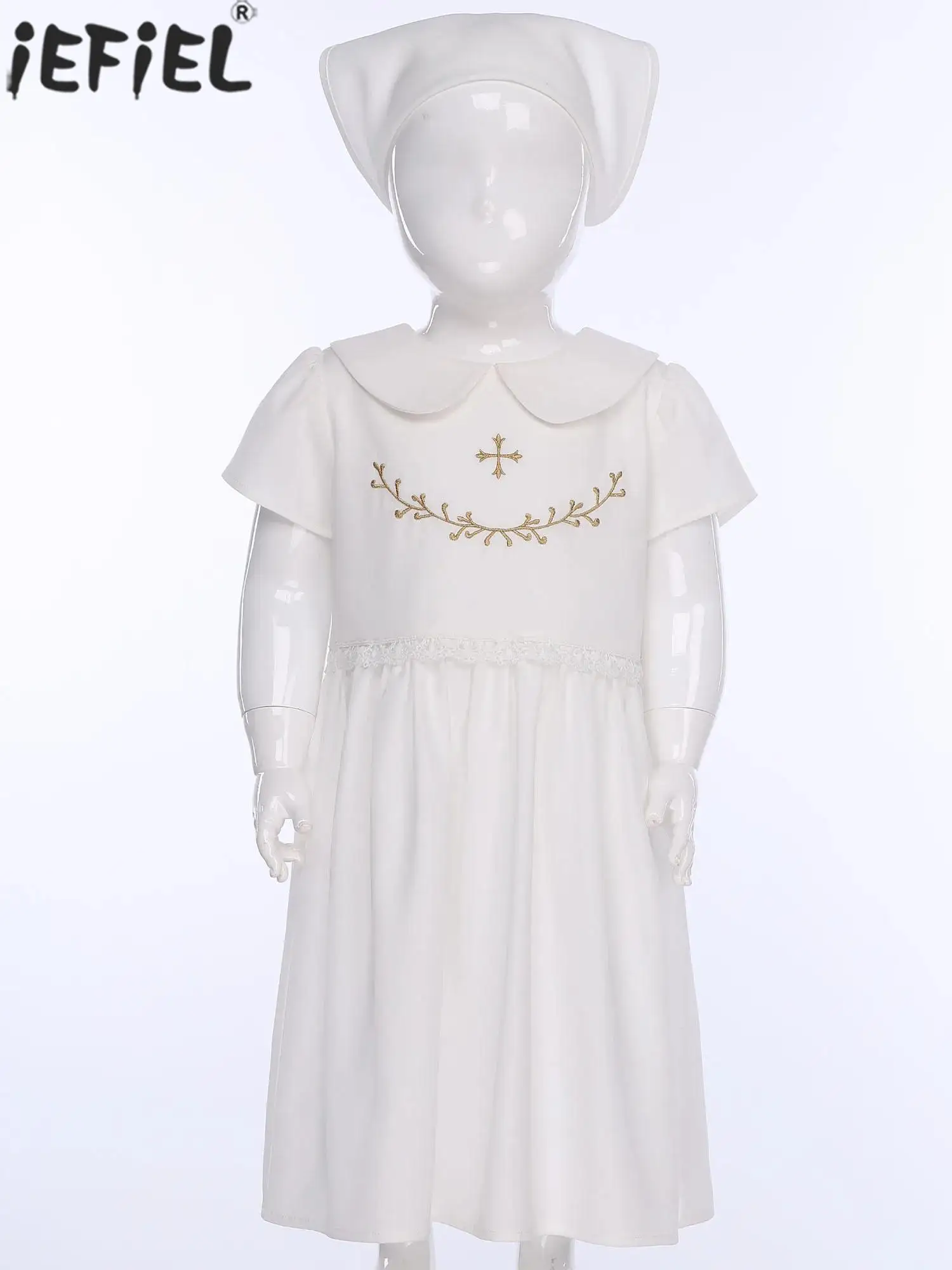 

Toddler Baby Girls Christening Church Baptism Birthday Party Photography Dress Short Sleeve Embroidery Lace Withe Gown with Hat