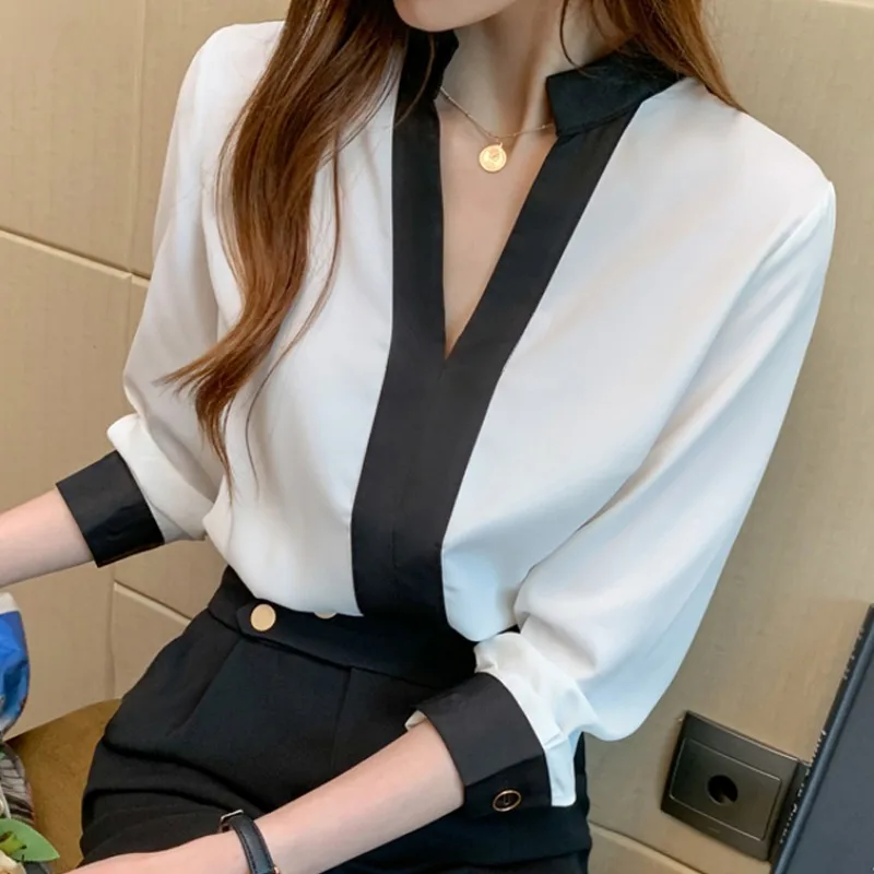 Spring Casual V-neck Women\'s Blouse Autumn Office Lady Long Sleeve Chiffon Shirts Fashion Korean Style Tops New