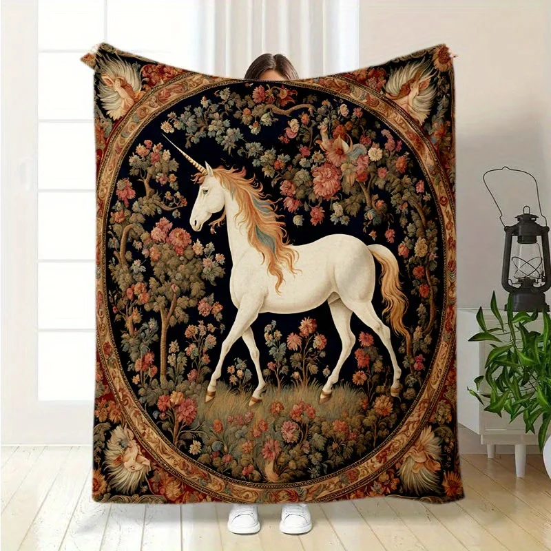 Contemporary Flannel Sofa Bed Blanket - White Unicorn & Floral Digital Print, Soft Warm All-Season Throw for Bedroom, Couch