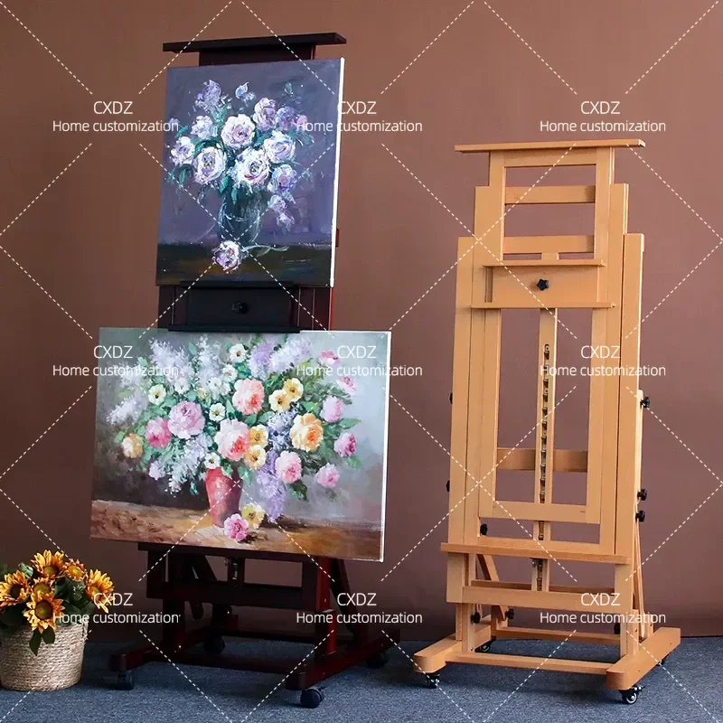 Beech Wood Art Easel for Students Walnut Color Multi Functional Flat Dual Purpose Liftable Floor Standing Painting Display