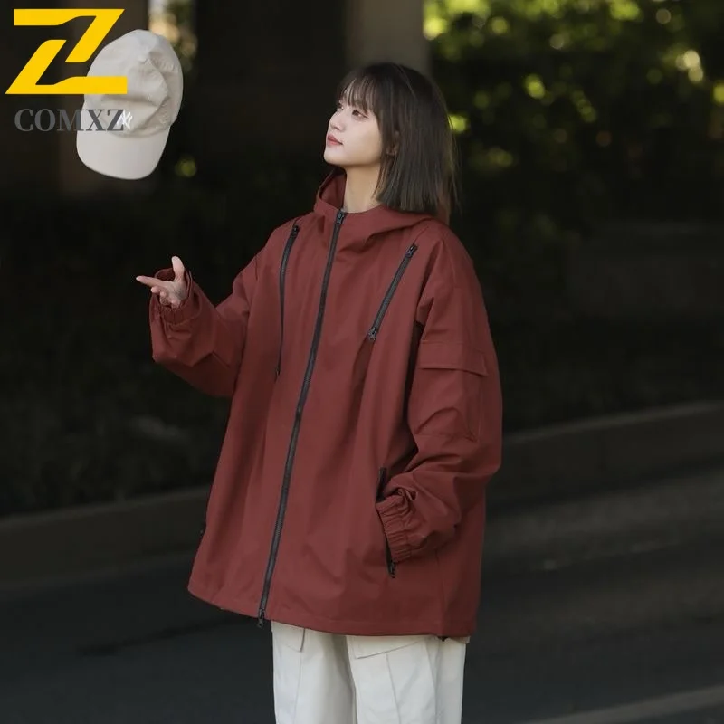 

COMXZ Men Jacket Hooded Outdoor Adventure Waterproof Motorcycle Jacket Solid Color Design Windproof Autumn Windbreaker