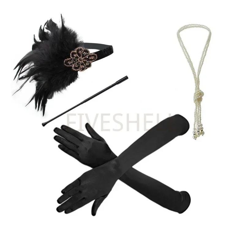 Free Shipping 1920s Great Gatsby Party Feather Headband Pearl Necklace Smoke Rod Vintage Earrings Black Feather Set for Women