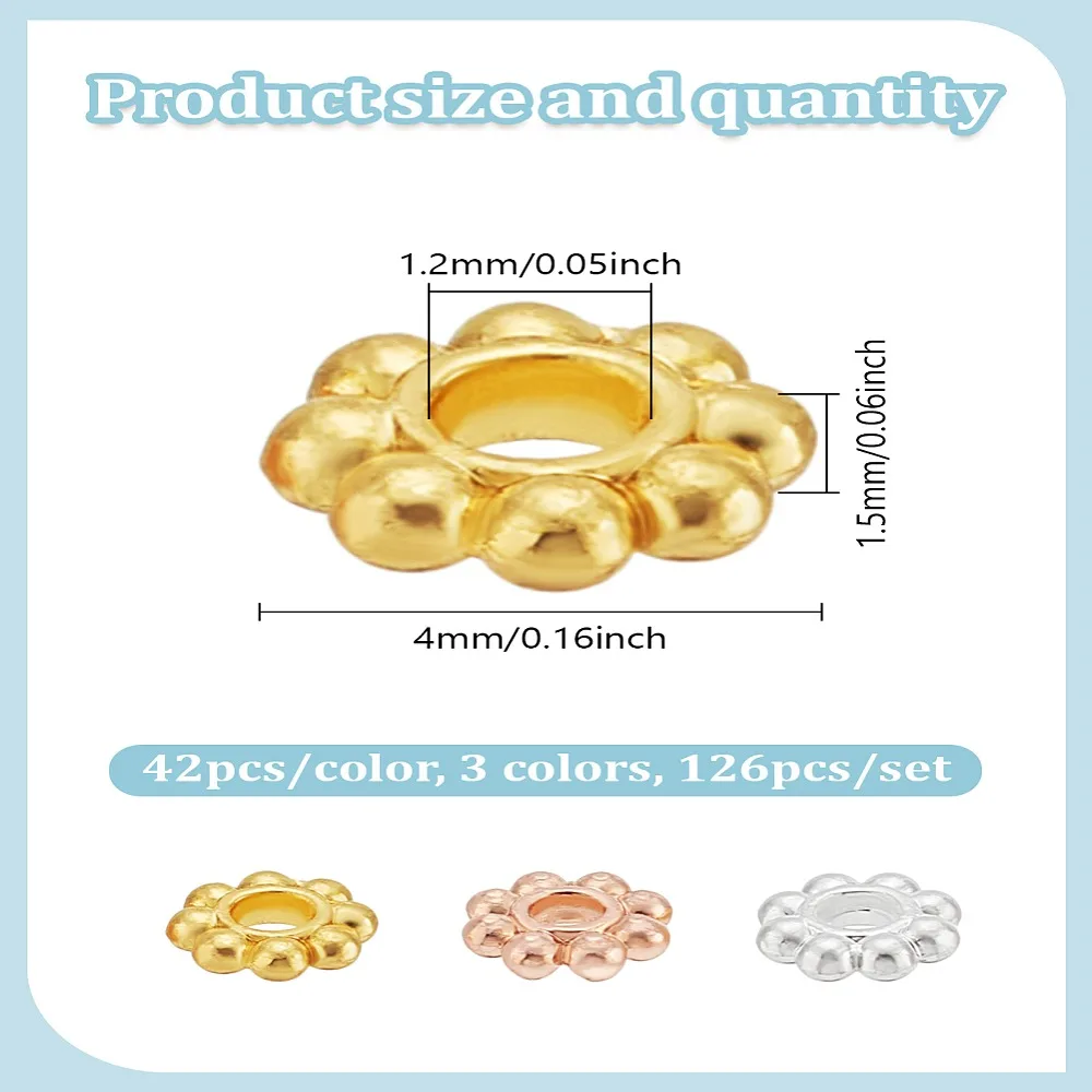 1set 126pcs 3 colors Zinc Alloy Spacer Beads        Rose  Flower 4x1.5mm Hole: 1.2mm 42pcs/color