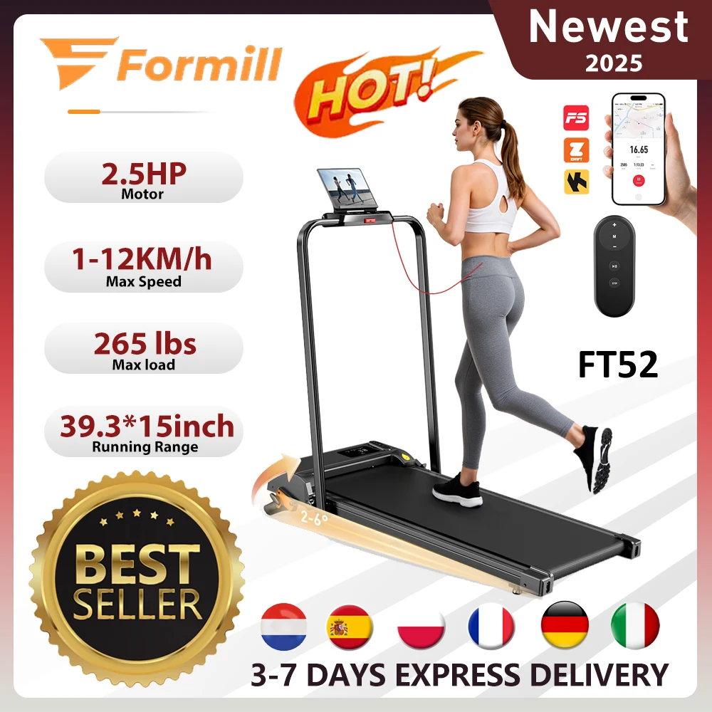 Formill FT52 Tapis de course pliable 4 en 1 2,5 HP, 12 km/h, inclinaison manuelle à 3 niveaux, charge de 265 lb, LED silencieuse, utilisation domestique absorbant les chocs