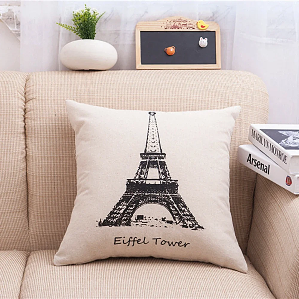 Black Eiffel Tower Cotton Linen Cushion Cover Waist Pillow Case Living Room Chair Sofa Home Decoration