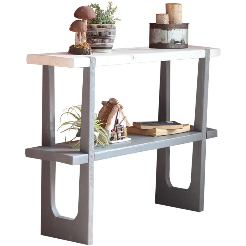 #Pastoral style solid wood double-layer retro floor-to-ceiling flower stand garden courtyard balcony indoor green plant storage
