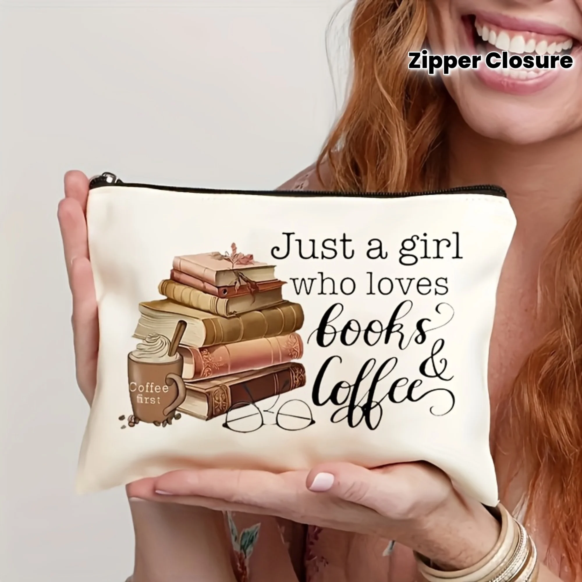 

Косметичка-органайзер из холщовой ткани с надписью "Just a Girl Who Loves Books & Coffee", на молнии, портативный подарок для сестер и студентов