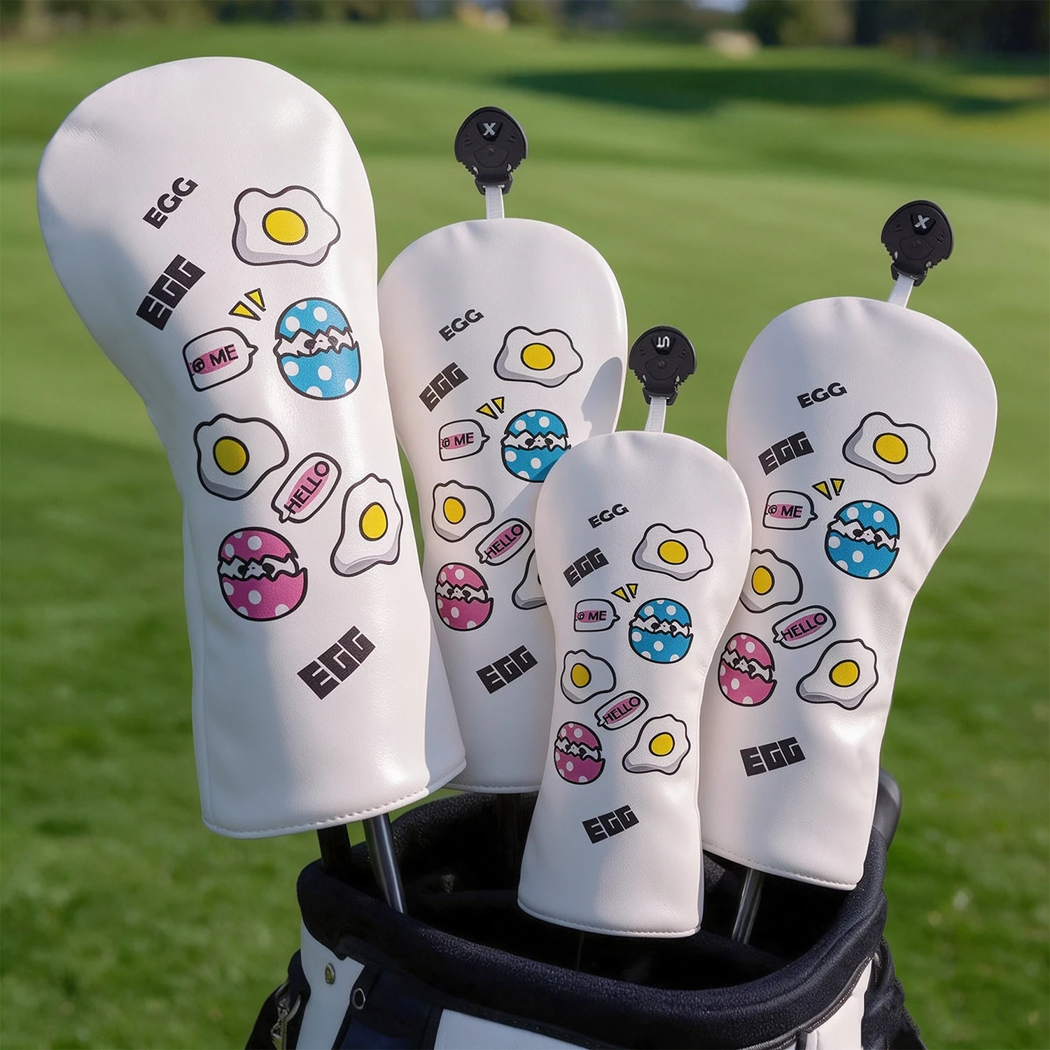 1PC/4PCS Printed Fried Egg Golf Headcover White PU Golf Wood Club Head Cover For Driver Fairway Hybrid With Rotating Number Tag