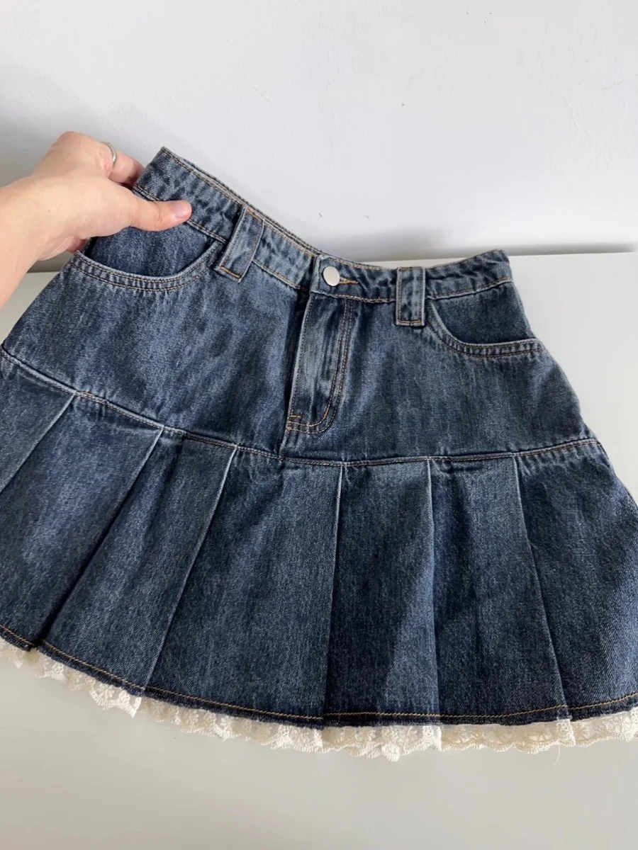 Rok Denim A-line biru untuk wanita, rok Denim A-line gaya Vintage estetika Y2k perca, Rok jins renda, Harajuku Korea, rok koboi 2000s, pakaian musim panas