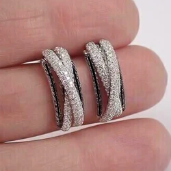 Huitan Fashion Earrings for Women Cross Design Black Enamel Creative Cubic Zirconia Hoop Earrings Silver Color Statement Jewelry