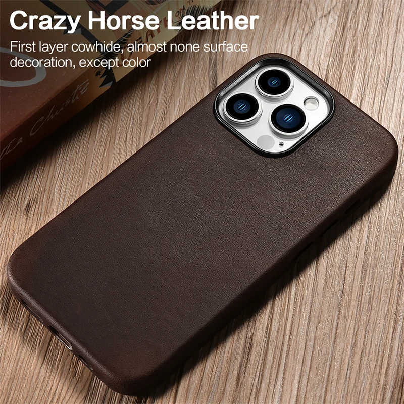 Genuine Leather Case for iPhone 15 Pro Max Real Skin Business Case for iPhone 14 Pro Max 14 13 Magnetic Charging Back Cover