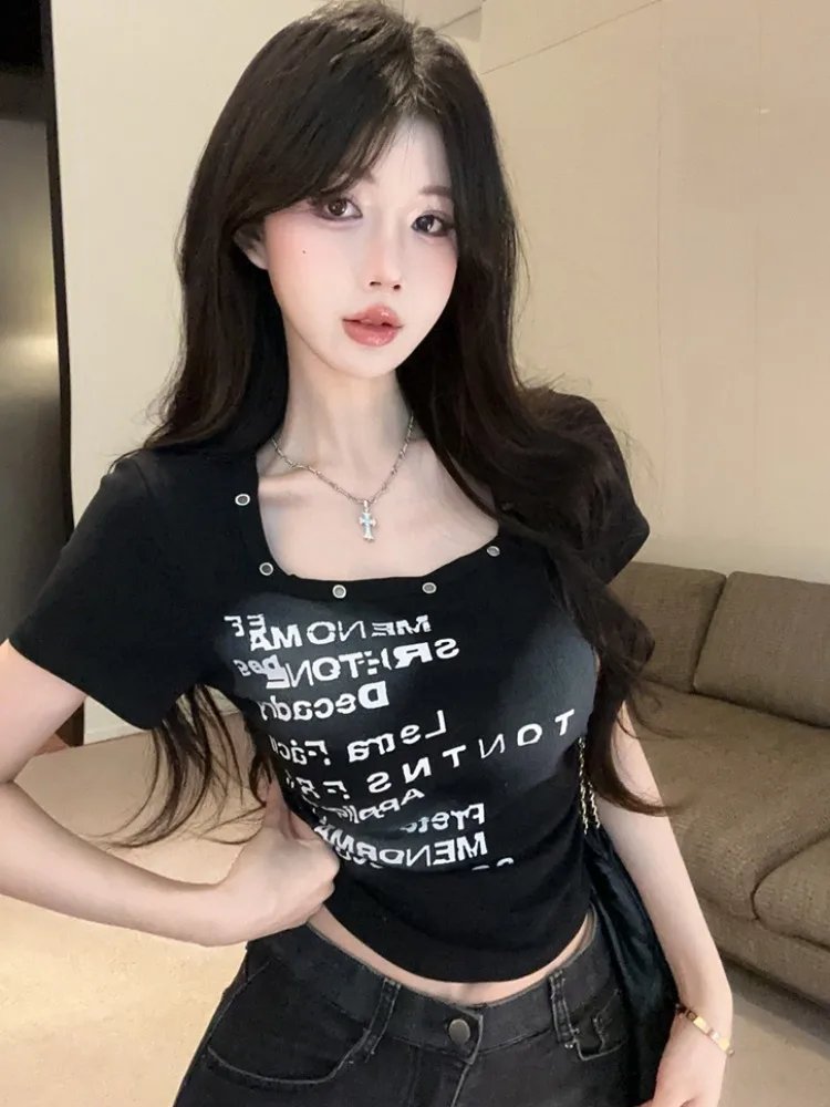 

American Style Square Collar Short Sleeve T-Shirt Women Summer Sexy Short Design Unique Beautiful Korean Version Commute Style