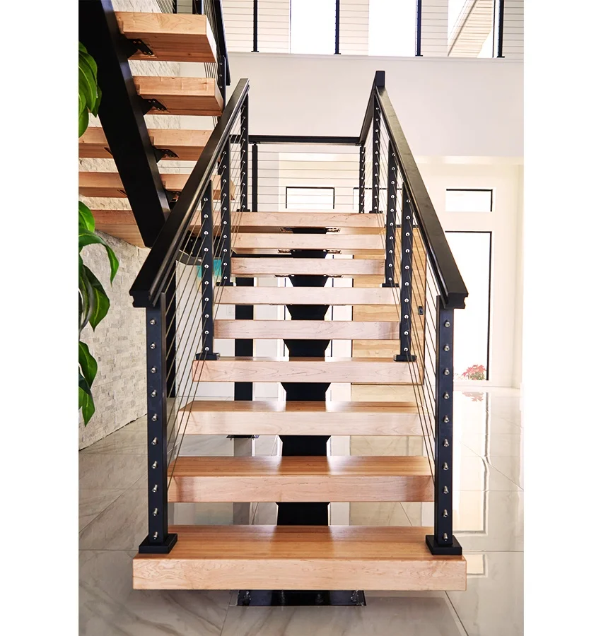 Customization Best Selling Mono Stringer Staircase Design Steel Anti Slip Stair Tread Indoor Stairs Solid Wood Straight