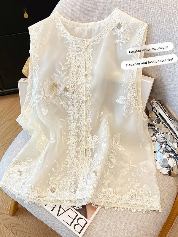 

Новая китайская женская жилетка с вышивкой и кружевными вставками, летняя, с богатой отделкой, в стиле танского костюма, с подплечниками, топ-жакет