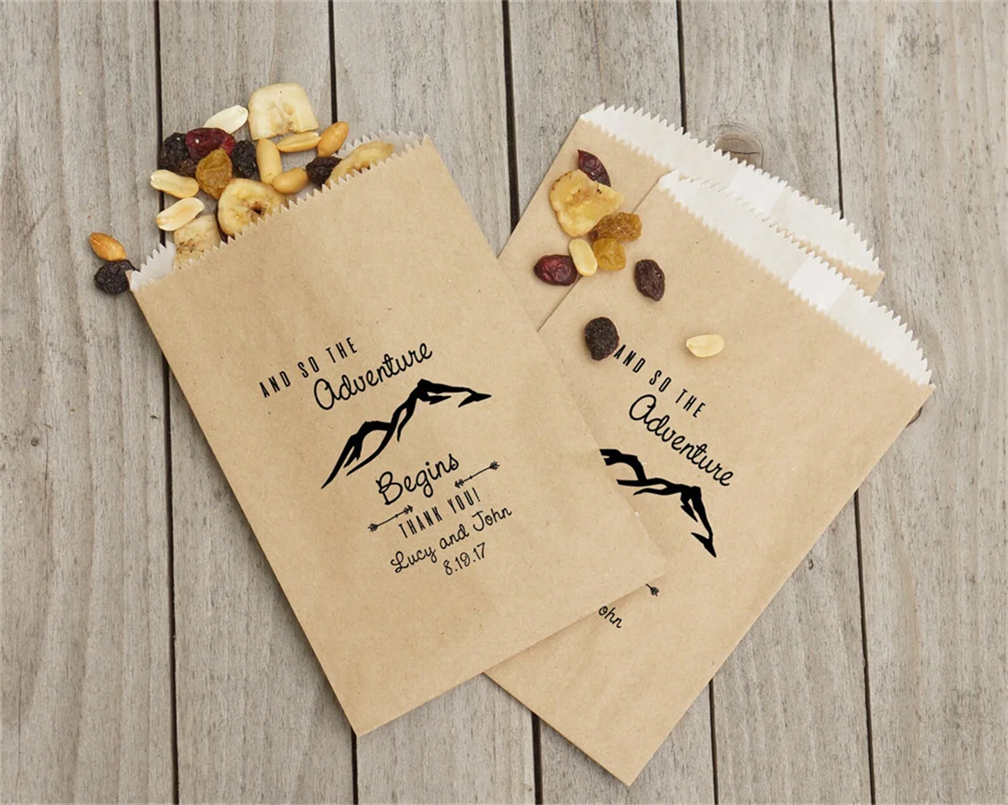 

50PCS Trail Mix Favor Bags, Rustic Wedding Sacks, Barn Wedding, Thank You Bags, Kraft Paper - Personalized - Lined, Grease Resis