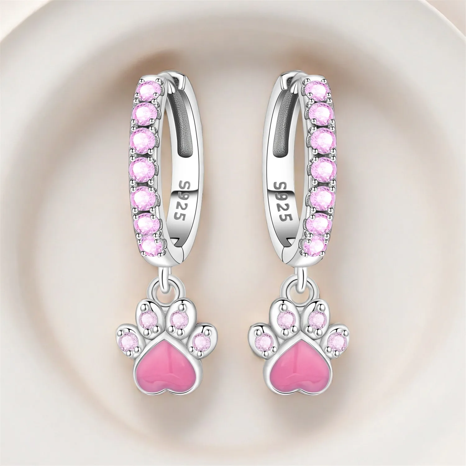 PANPOKI 925 Sterling Silver Pink Animal Paw Print Drop Earrings Women Earrings Fashion Party Original Jewelry Fine Gifts