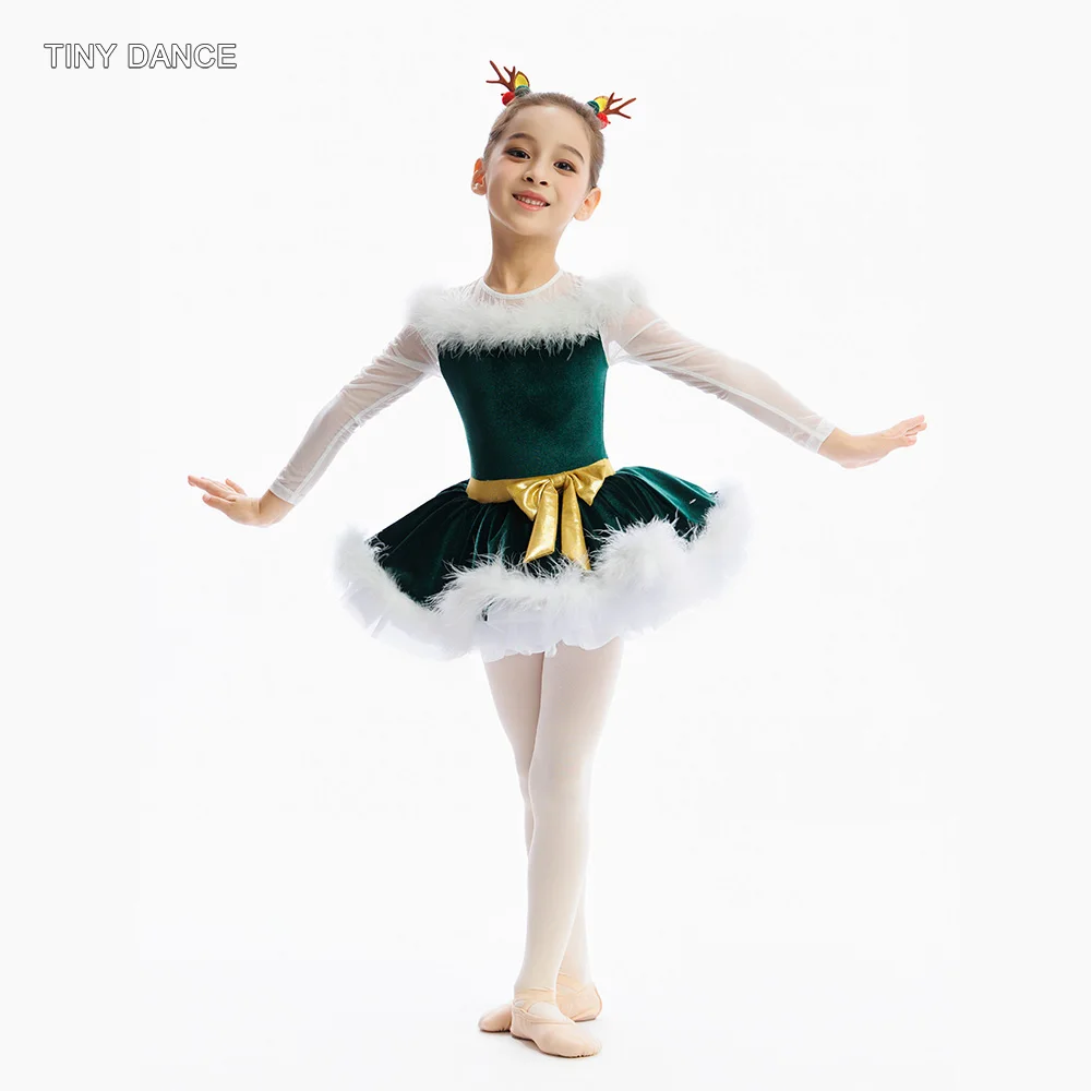 

Girls White Long Sleeves Ballet Tutu Dress Green Velvet Top Bodice Soft Tulle Skirt for Dance Performance Costume C26044