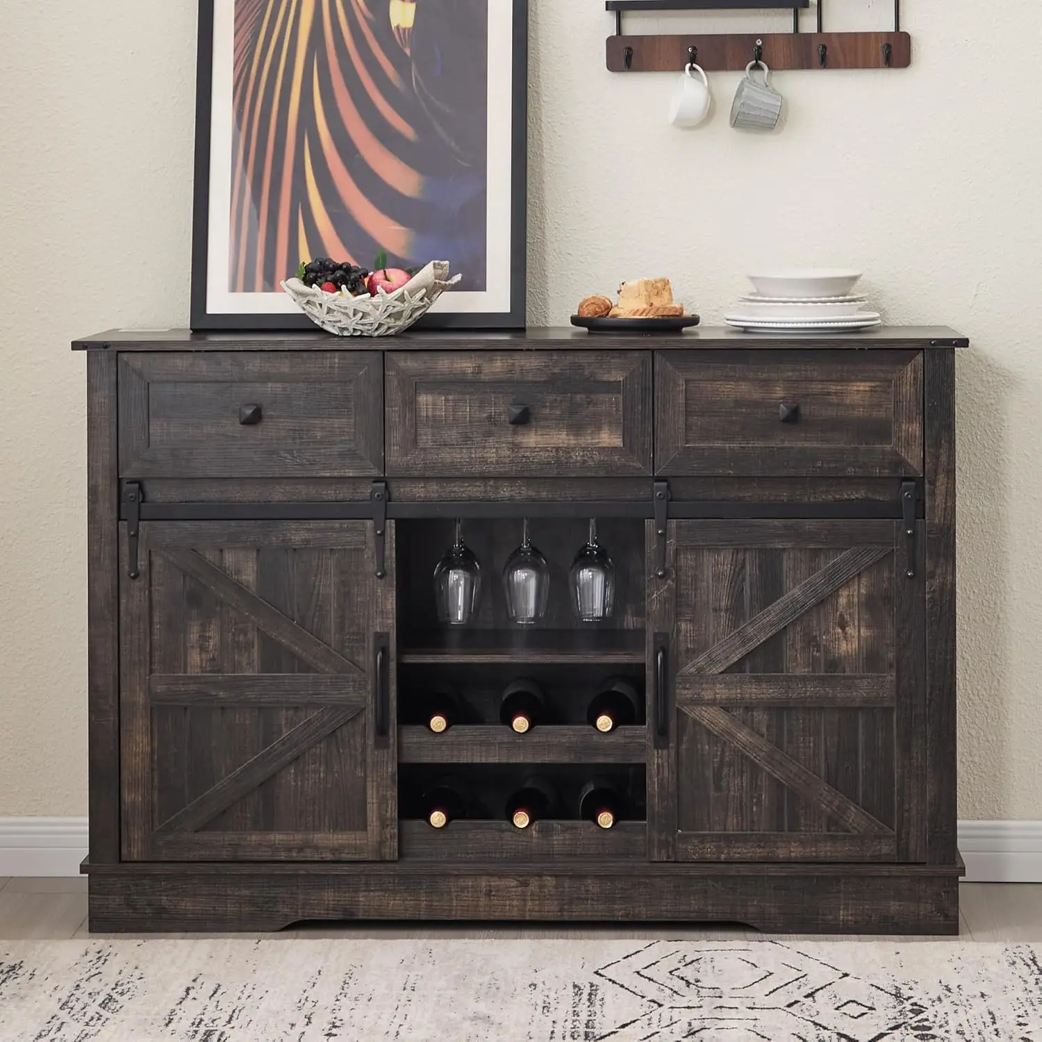 Farmhouse Bar Cabinet With Wine Rack 54" Coffee Buffet Cabinet With Sliding Barn Doors, Adjustable Shelves Rustic Buffets & Side