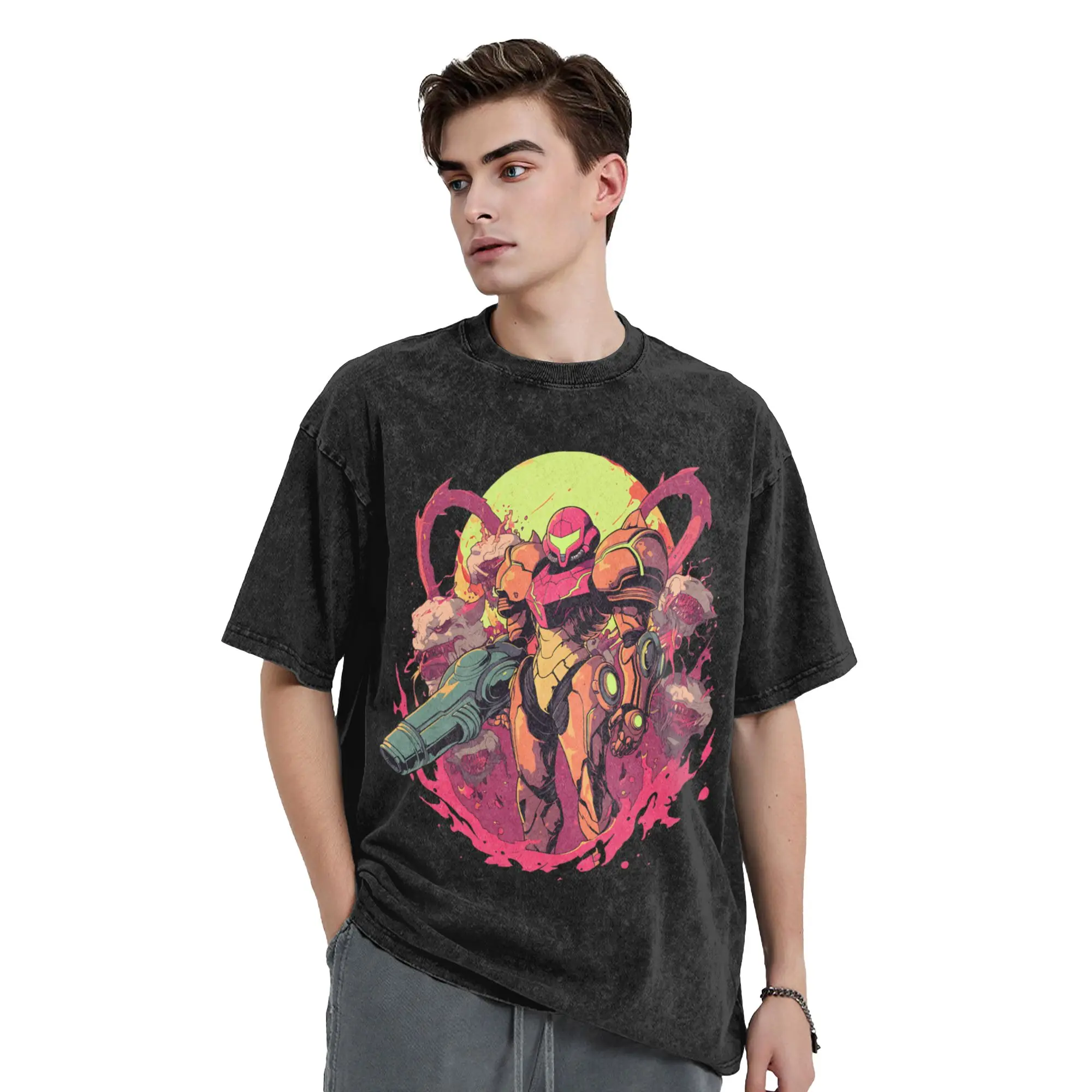 Metroids Hero Game Samus Men's T Shirt Washed  Casual Tee Shirt Short Sleeve Crewneck T-Shirts Pure Cotton Gift Idea Clothing