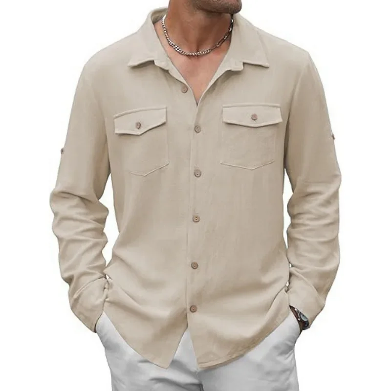 قميص طويل الأكمام كاجوال Vaion موضة النمط الياباني قميص رجالي جديد جيب مزدوج من القطن والكتان #6