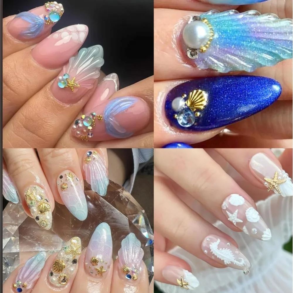 12 griglie 3D oro argento estate oceano pendenti per unghie lega stella marina/conchiglia/conchiglia rivetti metallici assortiti vita marina decorazione per unghie