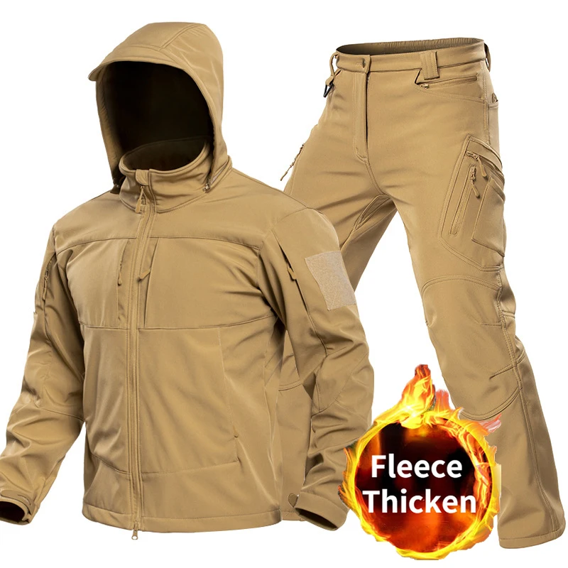 Outdoor Tactical Softshell Suit for Men Hooded Full Zip Jacket Cargo Pants Windproof Multi‑Pocket Set for Hunting Hiking Camping