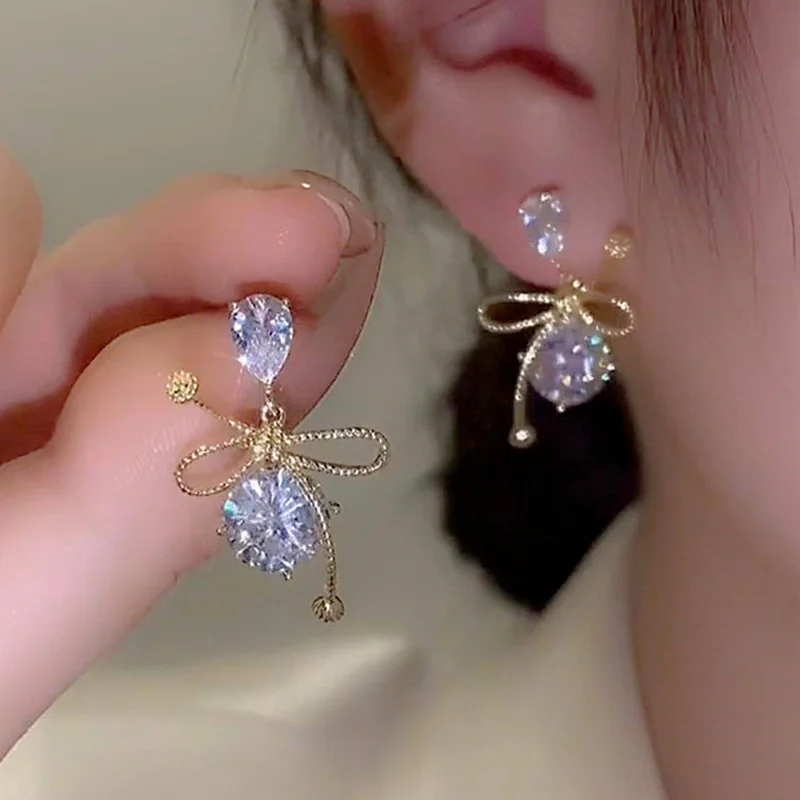 Fashion Crystal Zircon Earrings For Women Gold Color Bow Studs Earrings Korean Fashion Tassel Earrings Women Jewelry Gift