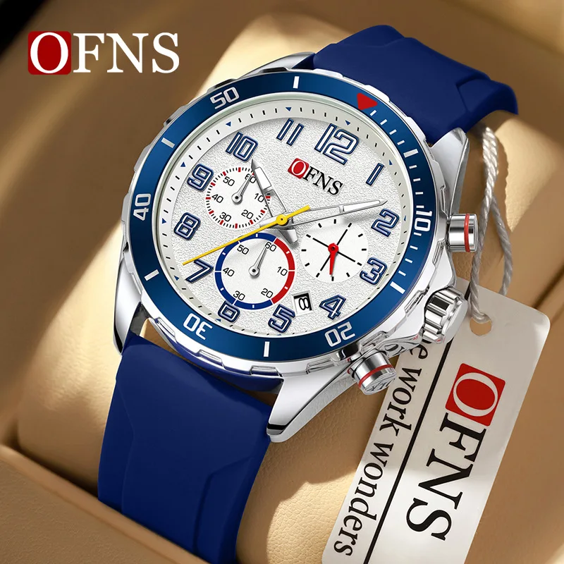 

OFNS1626 New Men's Quartz Watch with Three Eyes and Six Needles, Strong Vision Night Light 3ATM Waterproof Silicone Strap