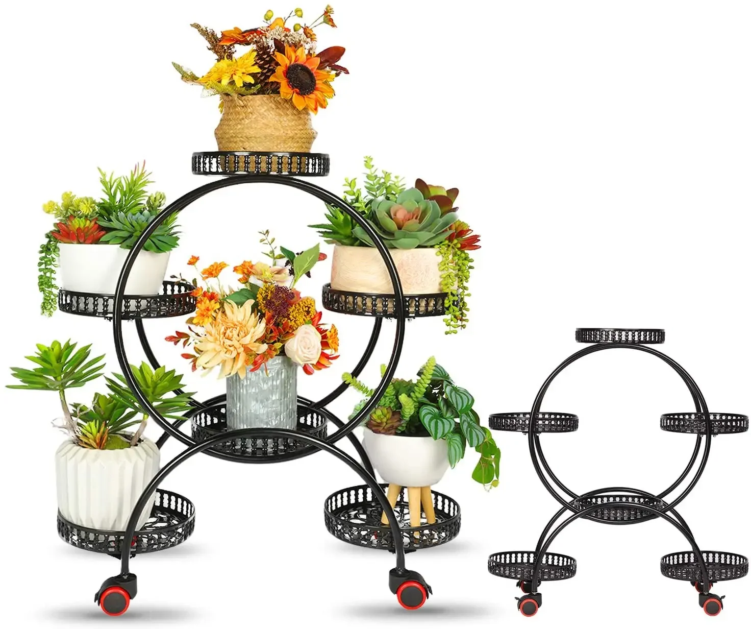 Portable plant stand pots flower rack with 4 tiers and 6 movable potted holders,with wheels for Indoor or outdoor