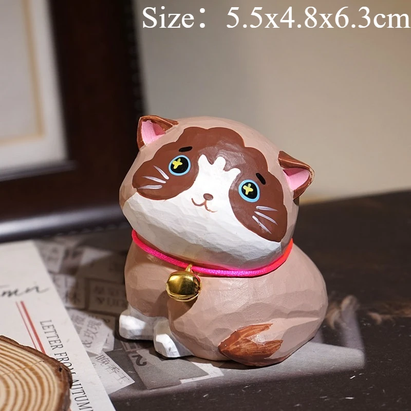 1 PC Handmade Wood Carved Maillard Bell Cat Figurine Cute Cartoon Cat Office Desk Bookshelf Decor Table Ornament Home Craft Gift