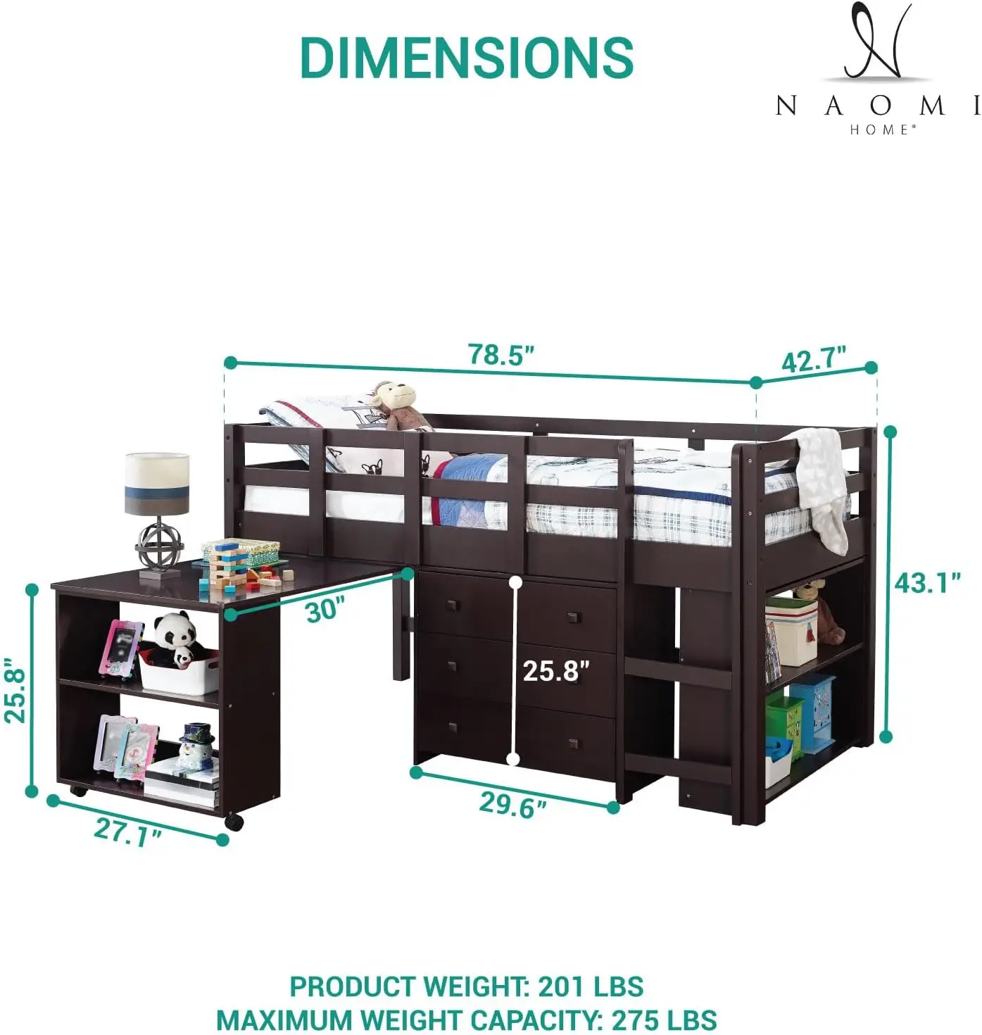 Naomi casa cama loft dupla com mesa estudo crianças armazenamento pinho madeira armário escada guarda de segurança trilhos estante prateleira espresso