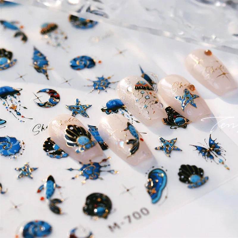 Blue Butterfly Planet Star Conch Snake Shell Clam Pearl Whale Jellyfish Moon Adhesive Nail Art Stickers Dreamy Manicure Decals