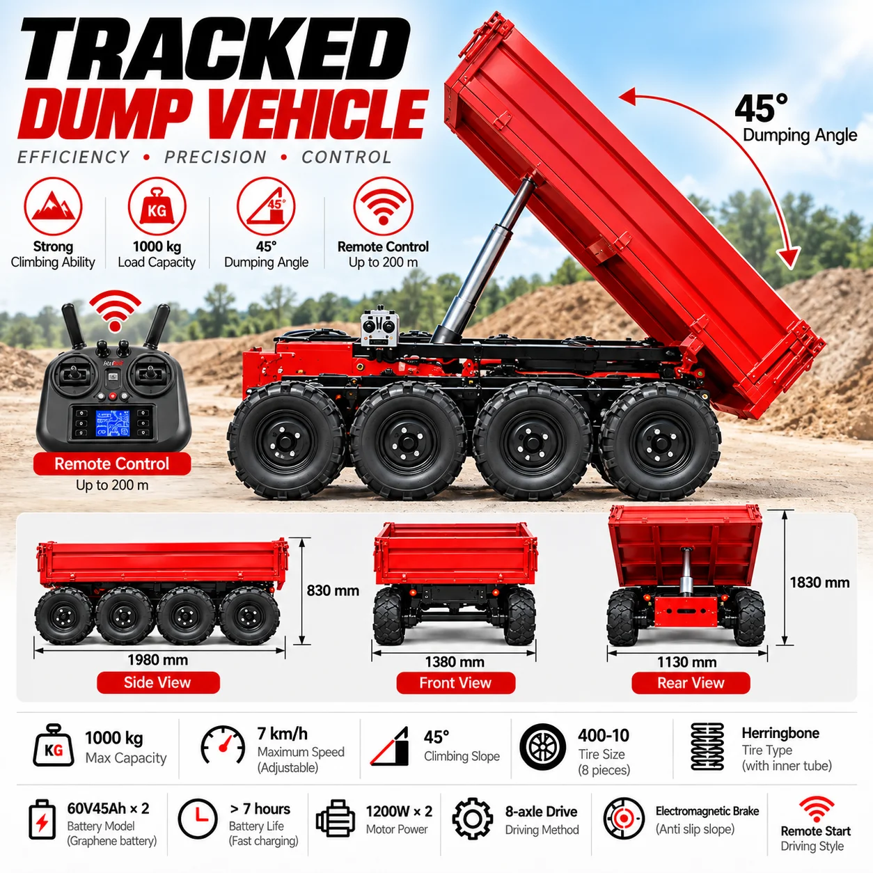 GGMA Multi-Functional 1 Ton Remote Control Electric Mini Dumper Tracked Carrier Hydraulic Dump for Greenhouse & Farm Work