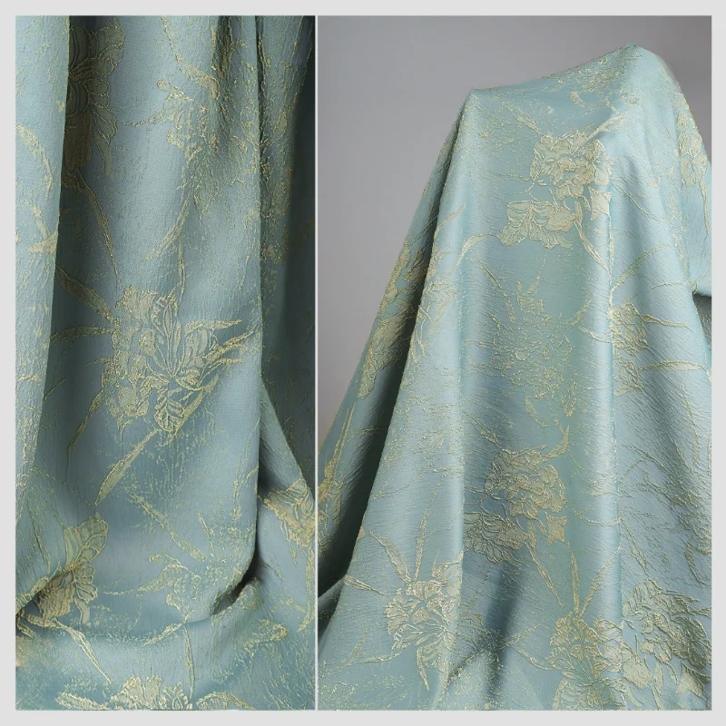 Blue Gold Large Flower Gold Texture Jacquard Chinese Style Jacket Half Skirt Home Clothing Designer Fabric