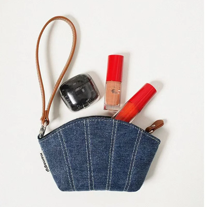 Denim Wristlet Lipstick Pouch, Retro Denim Shell Shaped Coin Purse, Neck Hanging Mini Bag, Great Gift